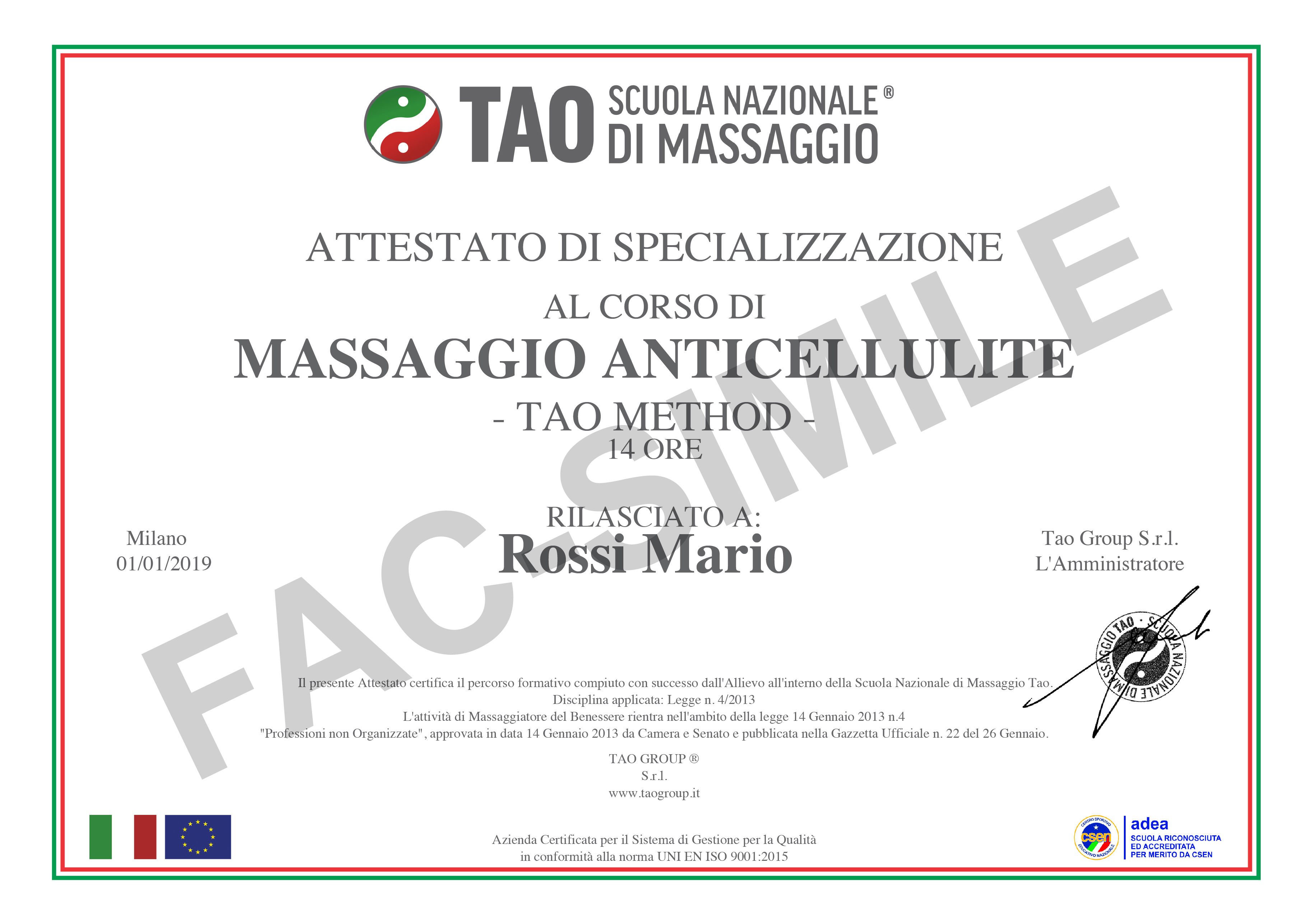 attestato rilasciato di massaggio anticellulite