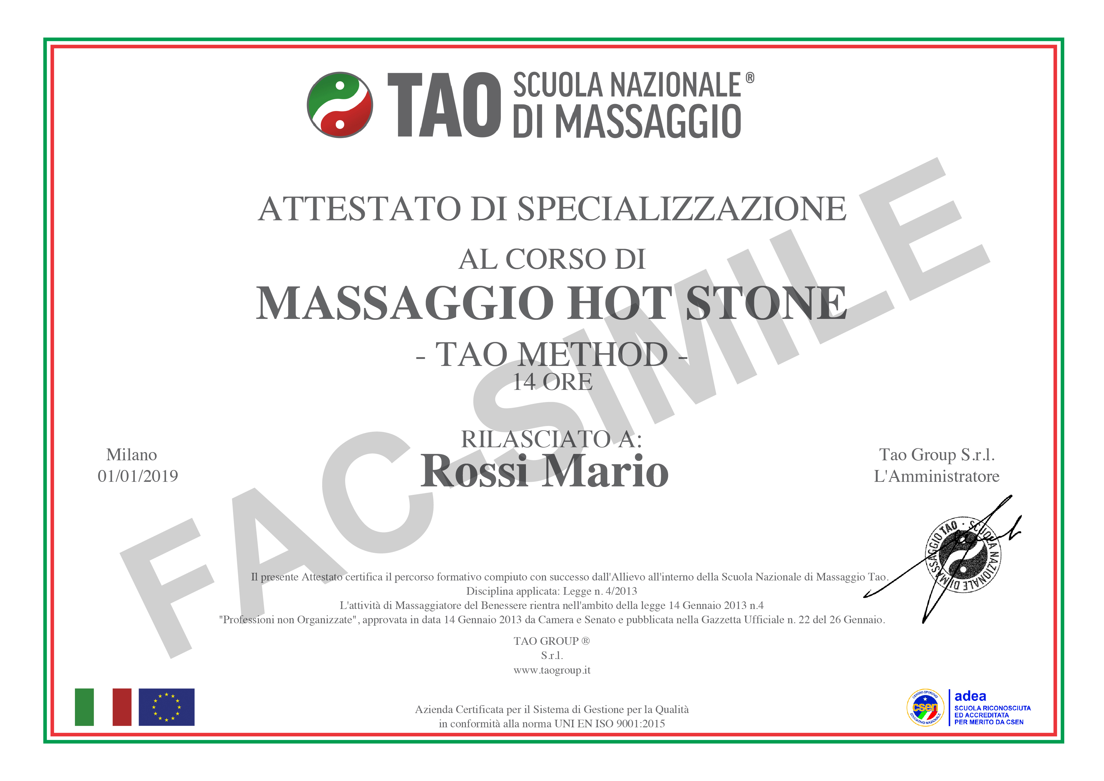 attestato rilasciato di massaggio hot stone