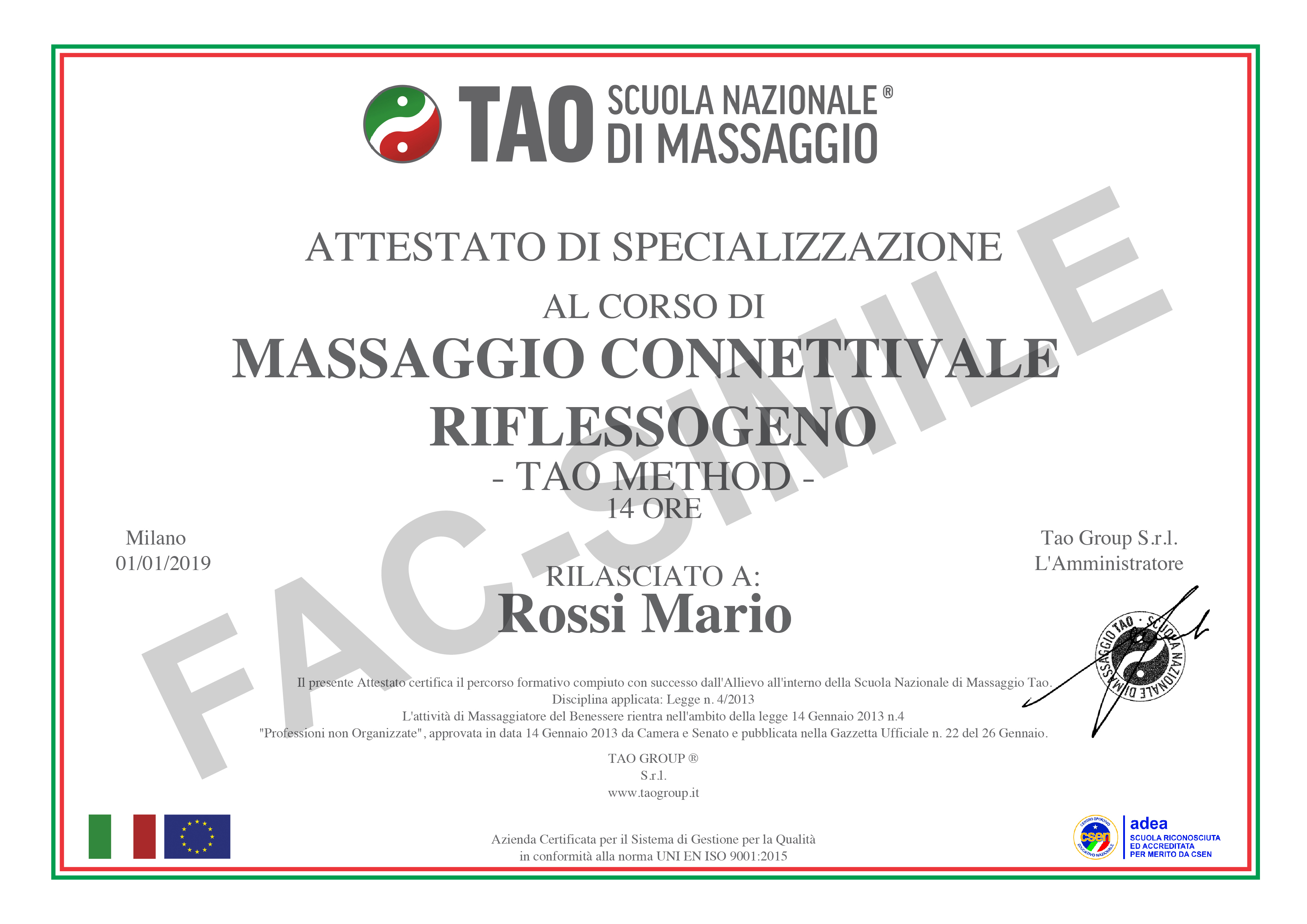 attestato rilasciato di massaggio connettivale